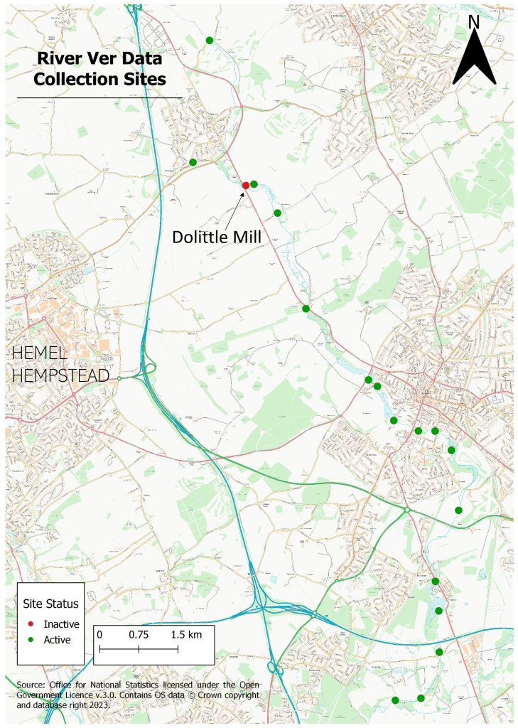 Map of River Ver with active/non-active Riverfly monitoring sites labelled